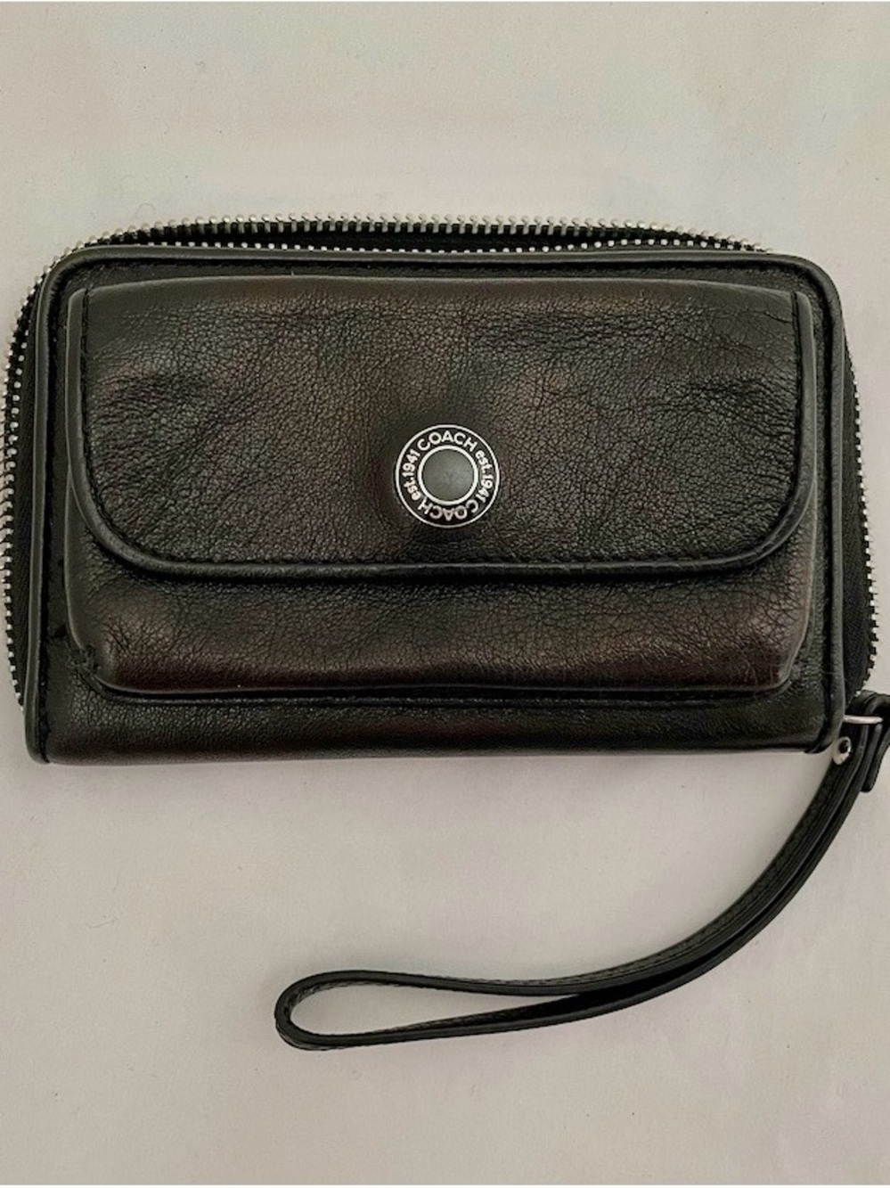 Coach Black Leather Zip-Around Wristlet with Front Snap Pocket